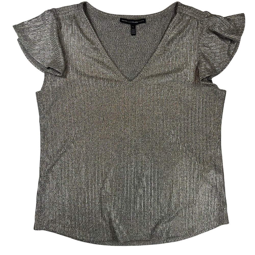 White House Black Market‎ Metallic V-Neck Flutter Sleeve Knit Top Gold Silver L